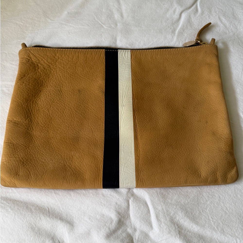 Clare V Tan Leather Flat Clutch (with Black and White Stripe) with tabs